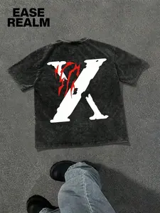 Unisex Dark Style X Letter Short Sleeve Tee, Block Ripped Design, American High Street Loose Fit Unisex T-Shirt