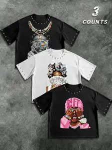 High Street Style Rivet Hip Hop Print Short Sleeve T-Shirt Set, Loose Fit Drop Shoulder, Comfortable Fabric, Trendy Men's Fashion