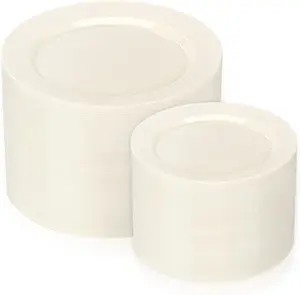 I00000 200 Pcs Ivory Plastic Plates, Disposable Party Plates Include 100 Ivory Dinner Plate 10’’ and 100 Plastic Dessert Plate 7’’ Perfect for Birthday, Party & Wedding