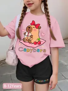 Girls' Pink & Black Capybara Graphic Matching Set, Cute Clothing Set, Cute Capybara with Boba & Cherry Print Tee + Shorts, Oversized Relaxed Fit Casual Outfit for 8-12 Years, Perfect for Birthday Parties, Playdates & Casual Outings
