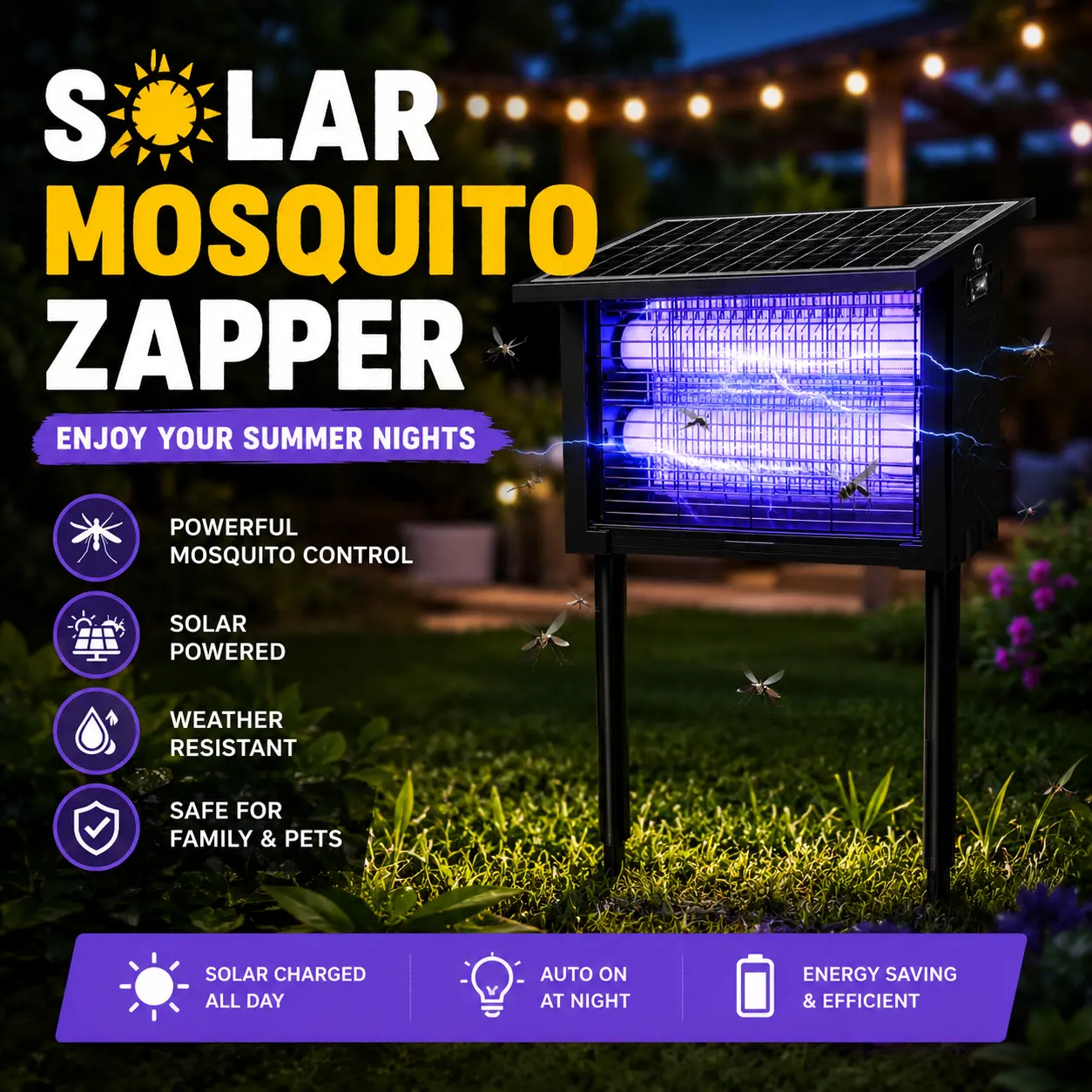 Solar Bug Zapper Outdoor, 4500V High Voltage Mosquito Killer Lamp, IP67 Waterproof, Solar & USB Dual Charging with Light Sensor Auto On/Off, Cordless Portable Insect Fly Trap for Patio, Garden, Backyard, RV Camping
