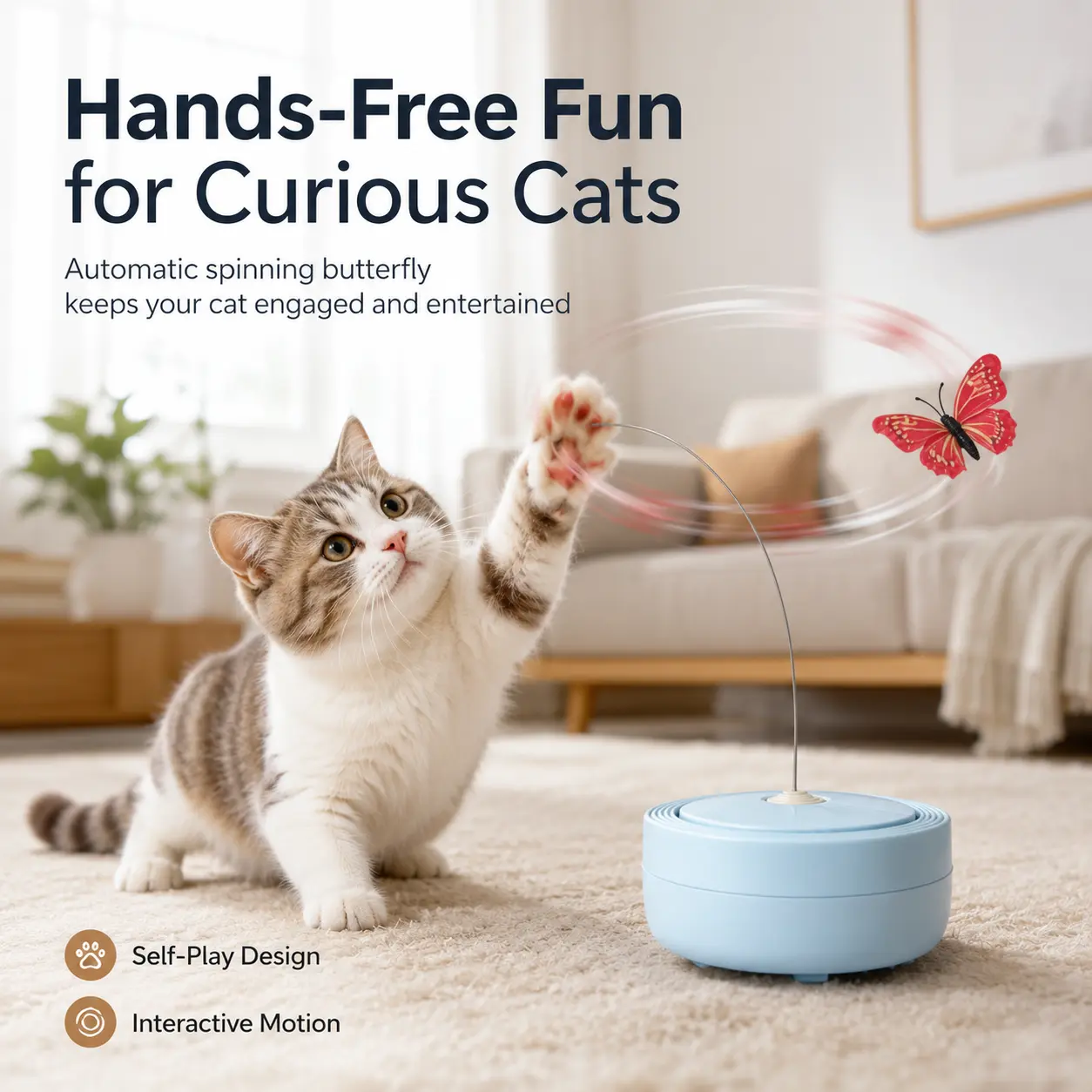 Interactive Touch Sensor Spinning Butterfly Cat Toy, 360° Rotating Automatic Cat Teaser, Hands-Free Indoor Enrichment Play Toy for All Cats, Blue