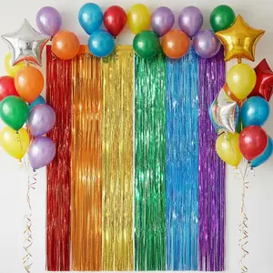 Rainbow Foil Fringe Curtains,2 Pack Foil Fringe Backdrop Rainbow Birthday Decorations for Birthday,  Shower, Pride Month (3.28 x 8.2 ft)