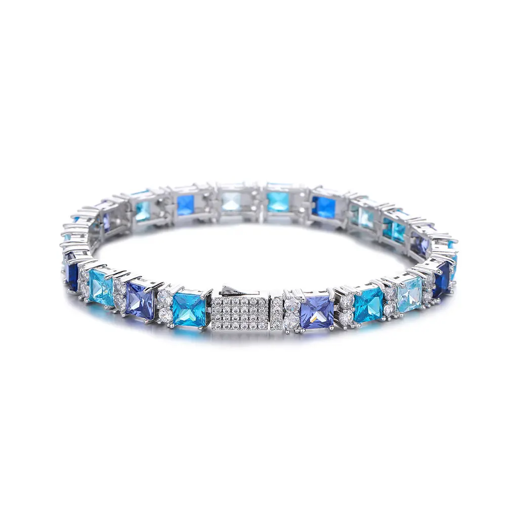 Loveden Sparkling Sea Blue Princess Cut High Carbon Diamond Bracelet For Women & Men Charm Necklace Birthday Valentine's Day Gift Fashion Jewelry Accessories
