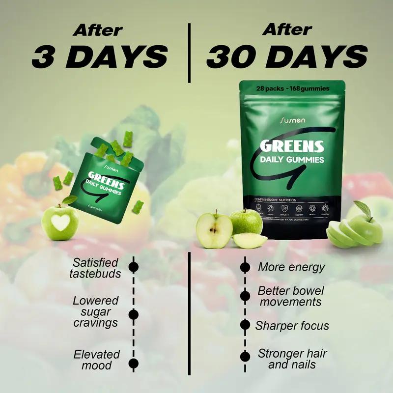 Susnen Greens Daily Gummies Multivitamin DailyWellness Supplement Green Apple 20+ in 1 Multivitamin with 20+ Nutrient-Dense Ingredients for Stress & Bone Support Healthcare Fitness-2