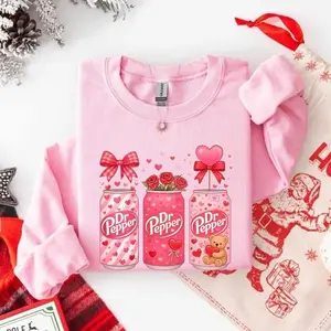 Dr Pepper Valentine Sweatshirt/Hoodie/T-Shirt, Cute Pink Soda Cans Hearts Bows Roses Teddy Graphic, Valentine’s Day Lover Gift, For Men and For Women