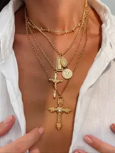 Women's Necklace Set, Metal Vintage Cross Pendant Layered Design, Fashionable Multi-Layer Wear, Ideal Gift for Women & Girls