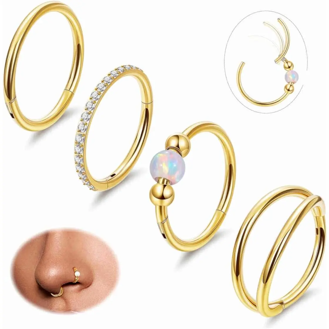 4 count 18G 20G Surgical Steel Nose Ring Hoop for Women Men Hinged Double Nose Hoop CZ Opal Clicker Septum Nose Hoops Cartilage Conch Tragus Rook Ring Lip Daith     7-9MM