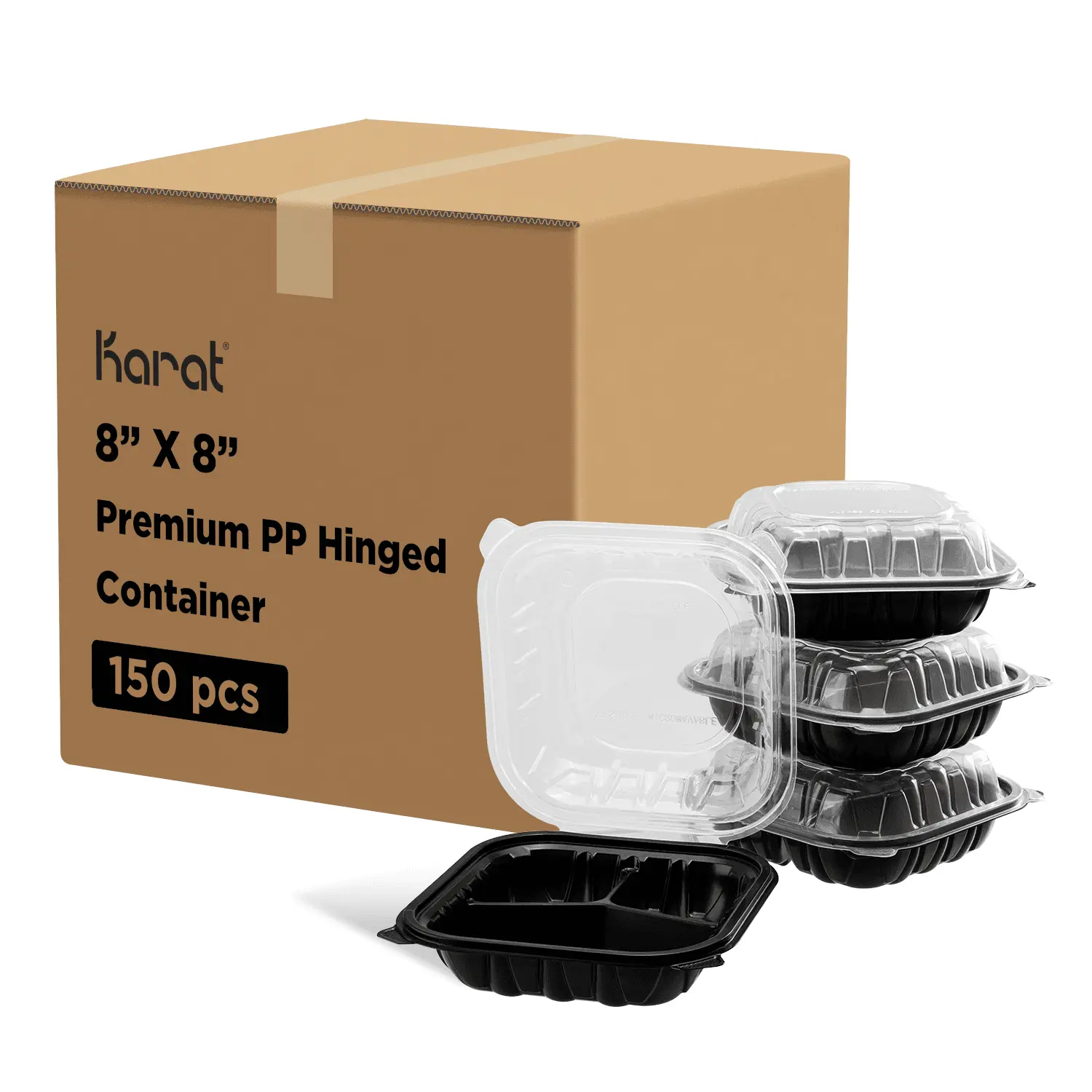 [150 ct] 8" x 8" 3-Comparment Premium PP Hinged Container