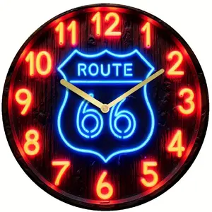 Route 66 Neon Wall Clock – Retro LED Light-Up Decor, Silent Non-Ticking, Vintage Diner Style Wall Art for Kitchen, Bar, Garage, Man Cave