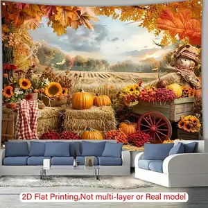 1pc 2D Flat Autumn Harvest Banner Fall Decor with Pumpkins Sunflowers Haystacks Farmhouse Backdrop for Halloween Thanksgiving Wedding Party Decorations No Electricity Needed Easy Hang Polyester Fabric