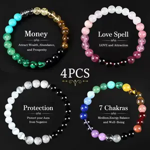 GEMRICH 4-piece Bohemian beaded bracelet set — natural yellow quartz, peacock stone, pink crystal, moonstone, tiger’s eye, and cinnabar; symbolizes wealth protection and vitality; suitable for banquets and everyday wear and also makes a great gift.