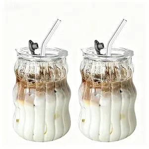 Aesthetic Wavy Ribbed Glass Tumbler with Straw, 500ml Borosilicate Glass Iced Coffee Cup, Vintage Fluted Drinking Glass for Latte, Smoothie, Cocktail, Dishwasher Safe TikTok Viral Kitchen Essential