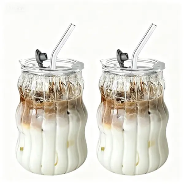 Aesthetic Wavy Ribbed Glass Tumbler with Straw, 500ml Borosilicate Glass Iced Coffee Cup, Vintage Fluted Drinking Glass for Latte, Smoothie, Cocktail, Dishwasher Safe TikTok Viral Kitchen Essential