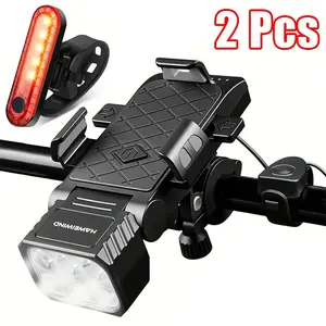 3-in-1 USB Rechargeable Bicycle Phone Mount (with Electronic Horn) & Safety Taillight (2-Piece Set) — Features LED Headlight, Electronic Horn, and Power Bank Function; 5 Lighting Modes; Easy Installation; Compatible with All Types of Bicycles. tiktokshops