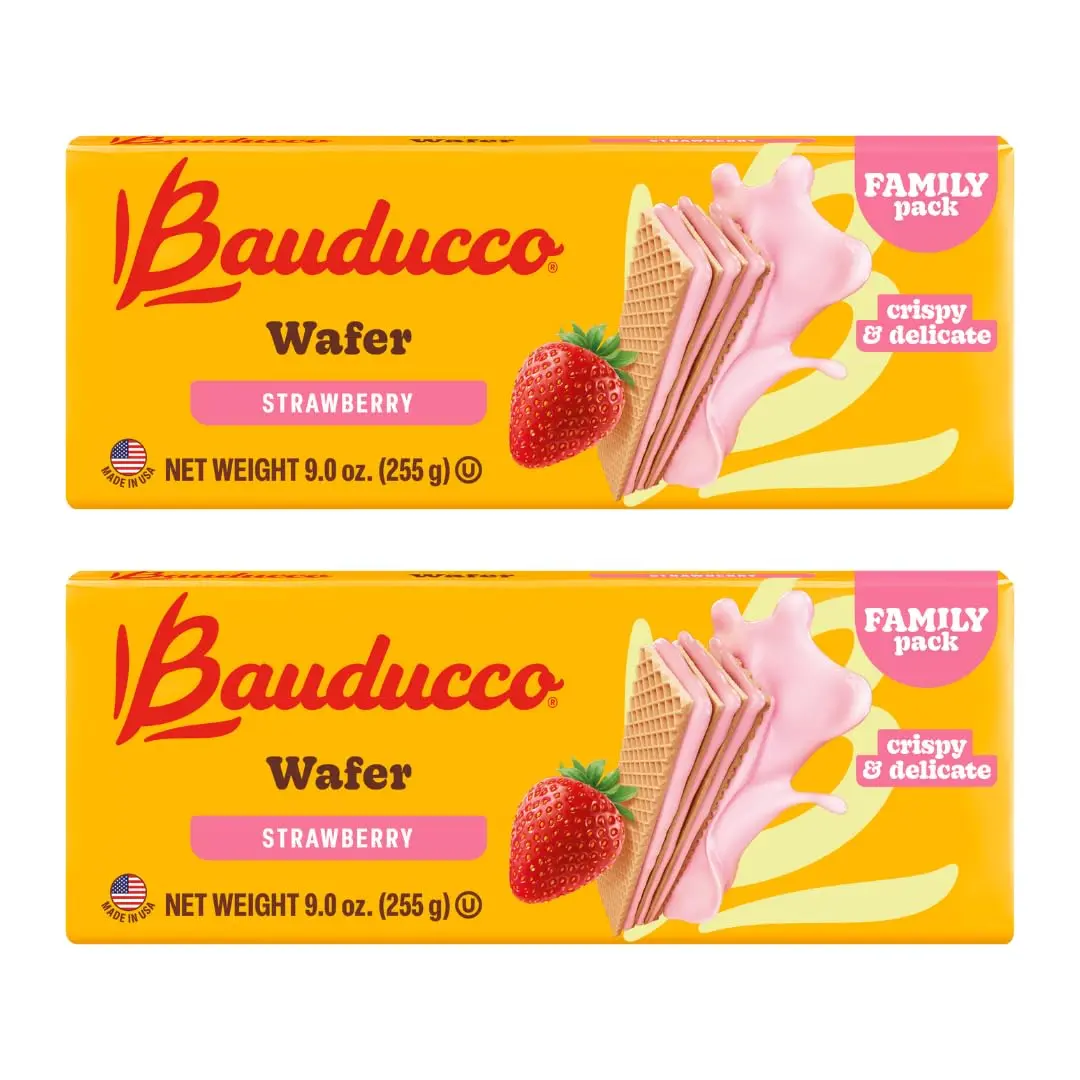 Bauducco Wafer Cookies, Strawberry, 9.0 oz (Pack of 2) - Crispy Triple-Layered Wafers with Rich Chocolate Cream Filling
