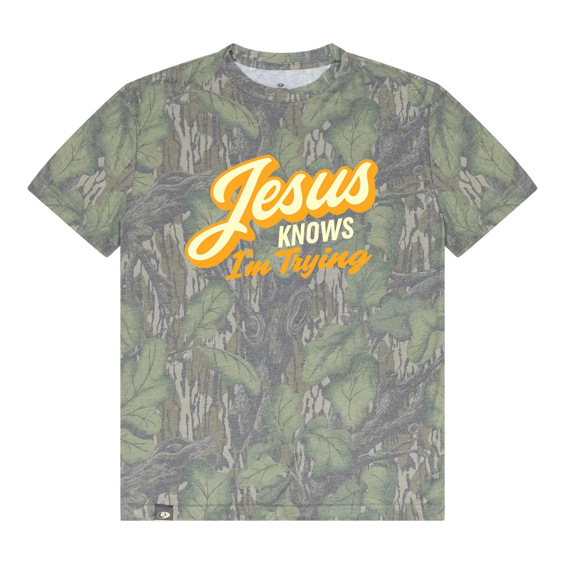 Jesus Knows I'm Trying Camo Christian T-Shirt | Faith Graphic Tee Religious Shirt for Men Women