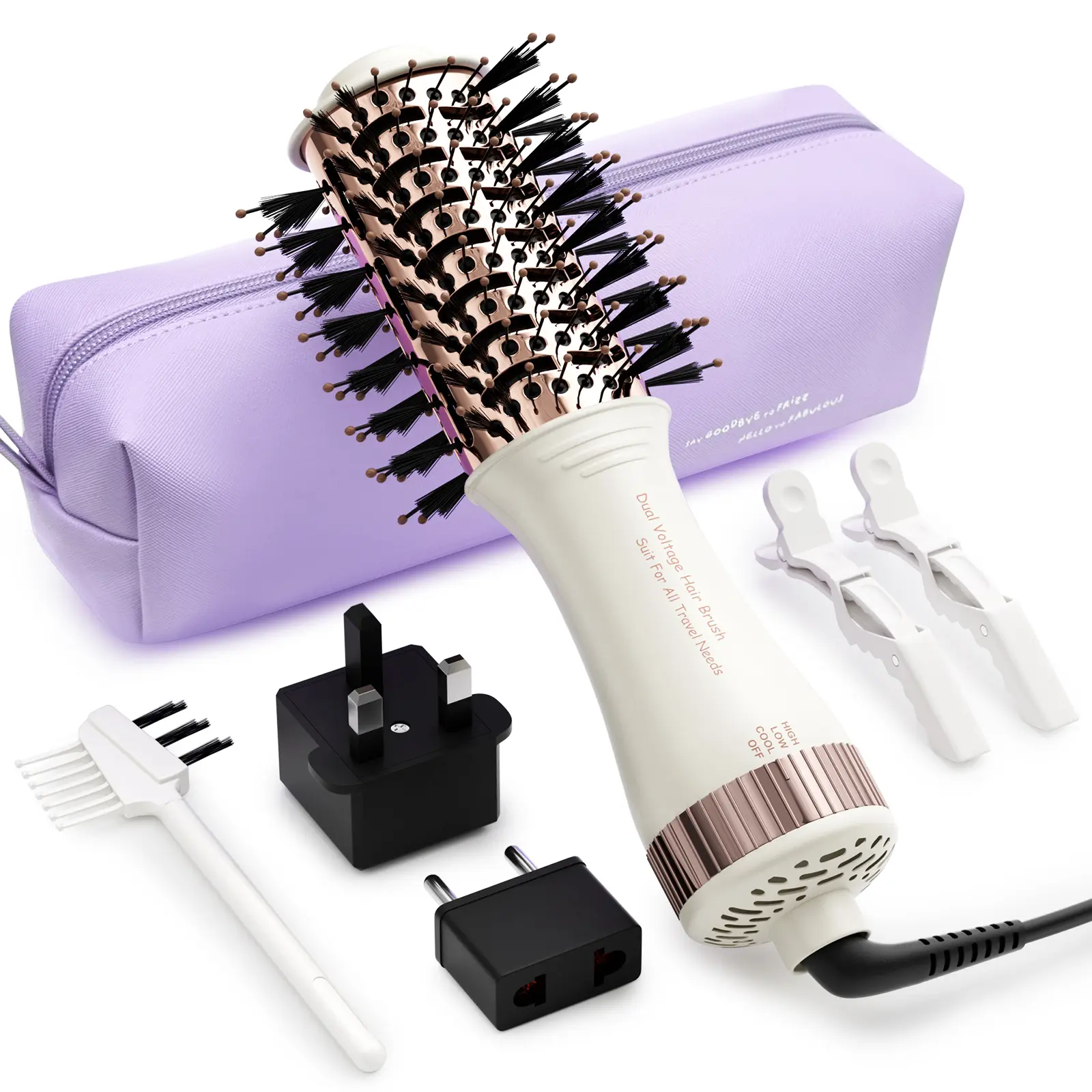 Olaermoso 4-in-1 Travel Hair Dryer Brush, Dual Voltage 110-240V, 2-Inch Oval Hot Air Brush for Drying, Volumizing, Smoothing & Curling, with EU & UK Plugs