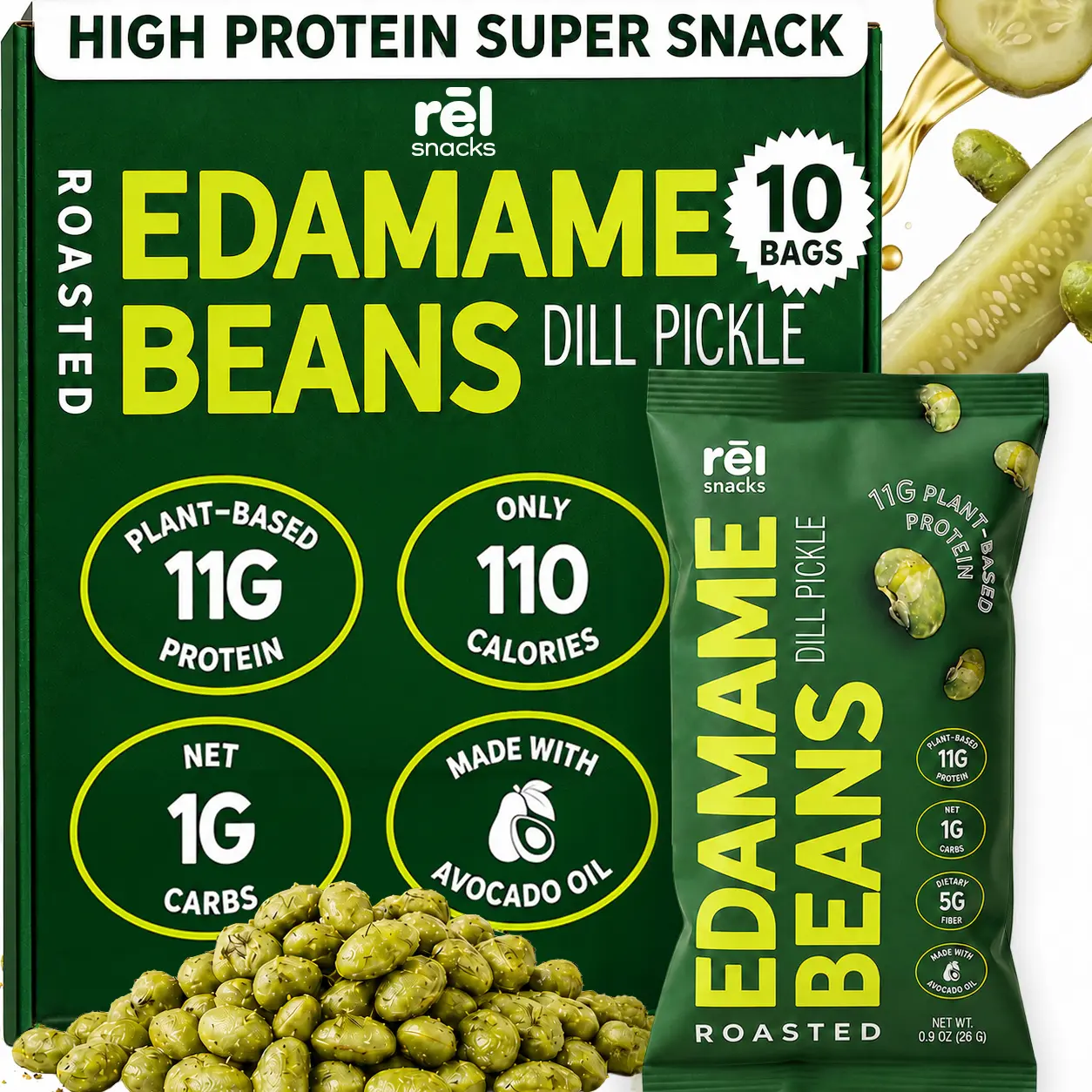 Rel Snacks Dill Pickle Crunchy Roasted Edamame Beans 0.9OZ 10 Pack Protein Fiber High Protein Low Carb Keto Friendly Snack