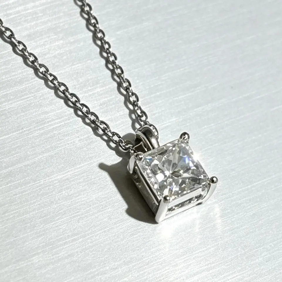 Created Moissanite Princess Cut Lab-Classic Solitaire Pendant Necklace - Ideal Birthday, Mother’s Day Gift for Men Women (Wedding Jewelry Accessory)