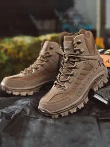 Men's Lace-Up Side Zipper Velcro Work Boots, Tactical Military Style, Above Ankle Rubber Sole, Textile PU Leather, All Seasons, Work Shoes