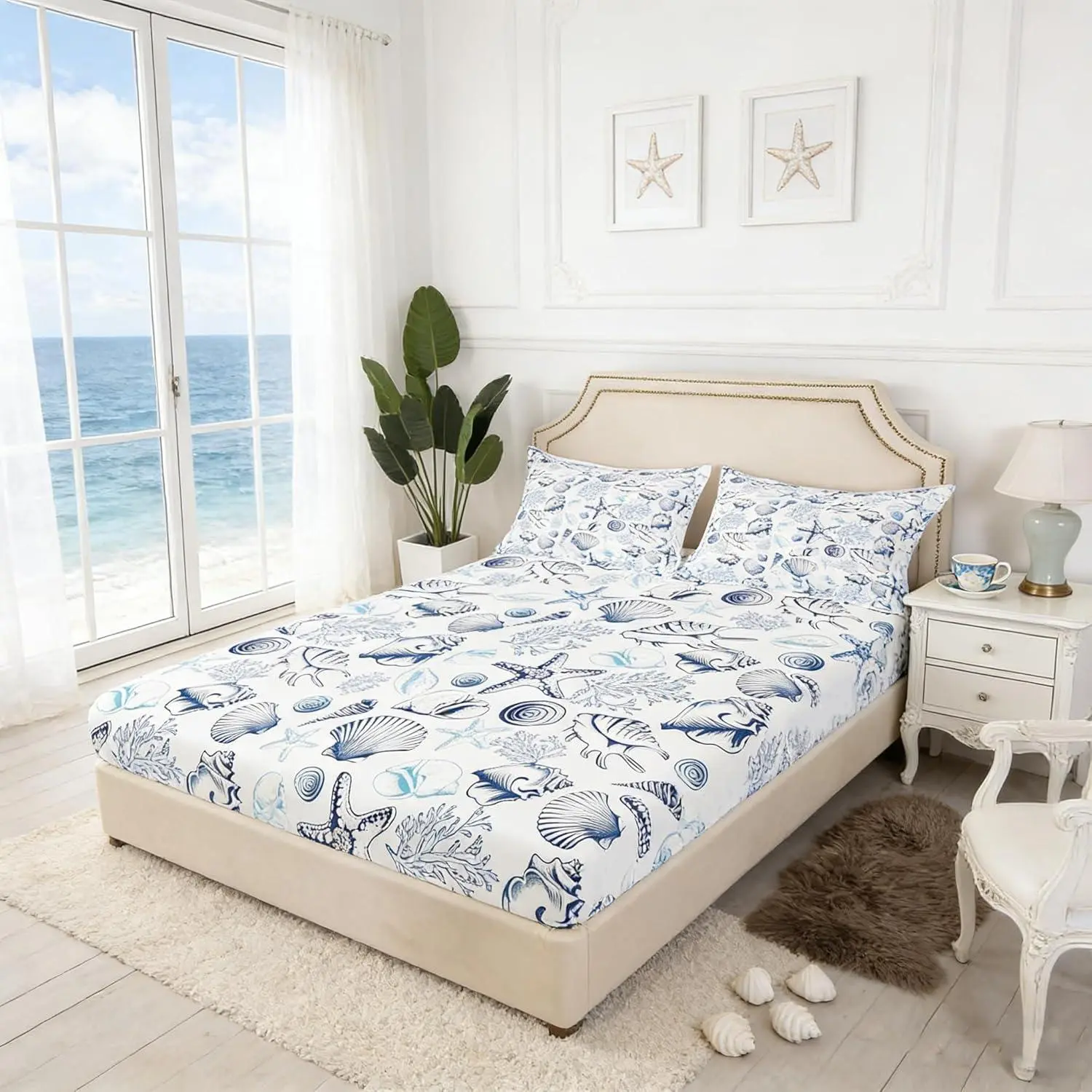 Coastal Fitted Sheet,Beach Seashell Starfish Coral Bedding Set Sea Ocean Theme Bed Sheet for Kids Teens Adult Bedroom Decor,Navy Sketch Nautical Deep Pocket Sheet