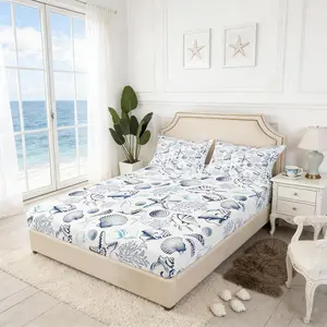 Coastal Fitted Sheet,Beach Seashell Starfish Coral Bedding Set Sea Ocean Theme Bed Sheet for Kids Teens Adult Bedroom Decor,Navy Sketch Nautical Deep Pocket Sheet