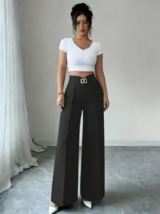A women's black fashionable loose high-waisted wide-leg floor-length dress pants, Womenswear, suitable for summer, daily commuting, and home wear.