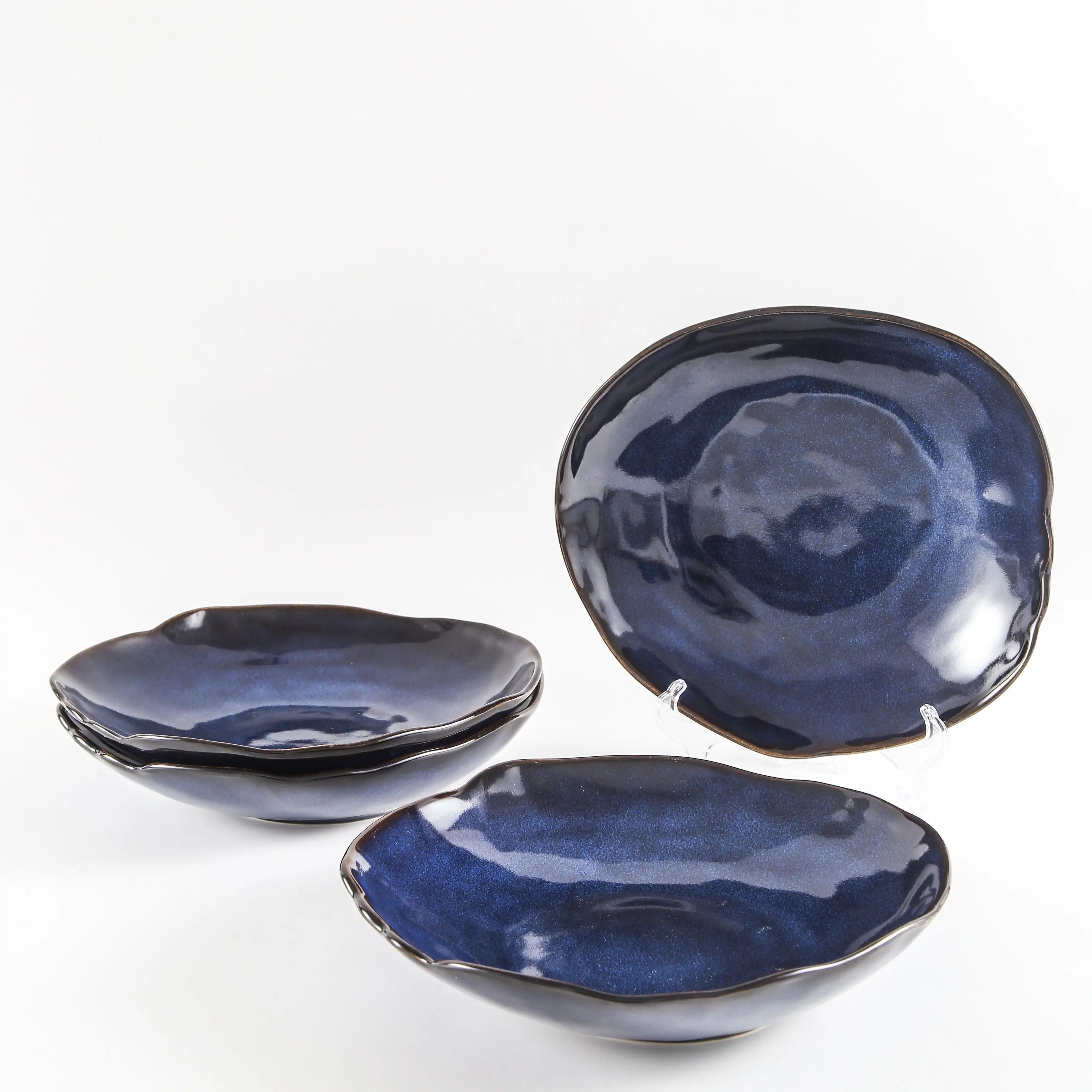 4-Piece Stoneware Deep Plate Set in Ocean Blue – Premium Reactive Glaze Ceramic Dinner Plates, Scratch & Chip Resistant, Lead-Free, Dishwasher, Microwave & Oven Safe (Up to 450°F), Elegant Modern Tableware for Everyday Dining