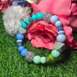 Seagaze ombre wristlet keychain color scheme gray, turquoise, mint, green, baby blue, periwinkle and bling beads made with wire