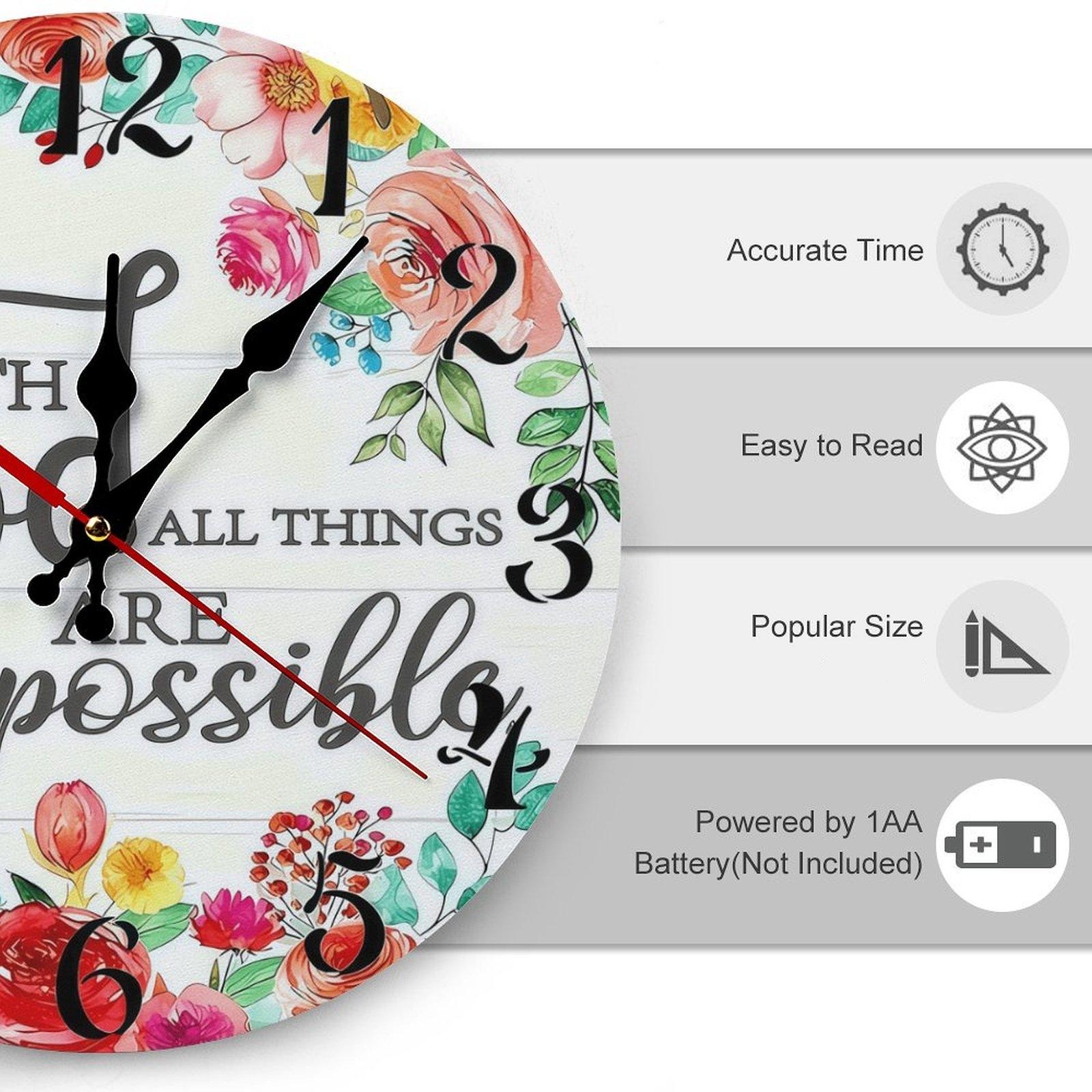 12 Inch "With God All Things Are Possible" Floral Wooden Wall Clock | Silent Non-Ticking Christian Religious Decor, No Battery Included, Perfect for Home, Church, Prayer Room