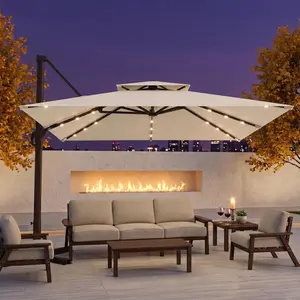 Patio Kingdom 10FT Cantilever Patio Umbrella with Solar Lights, Large Outdoor 2 Tier Aluminum Offset Square Umbrellas 360 Degree Rotation for Garden Deck Pool (Base not Included)