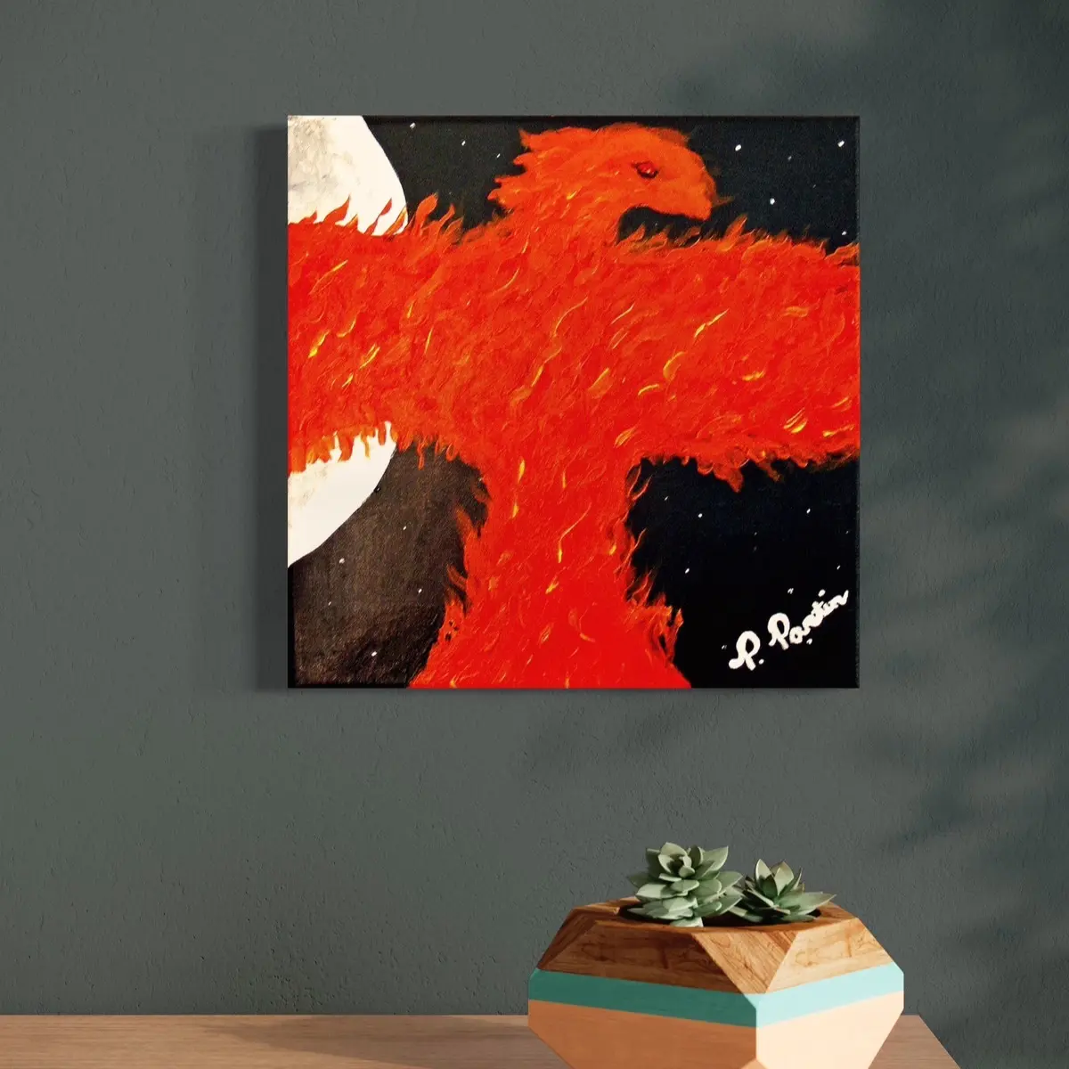 “Restored from the Ashes” — 12” x 12” acrylic painting of a phoenix in flight