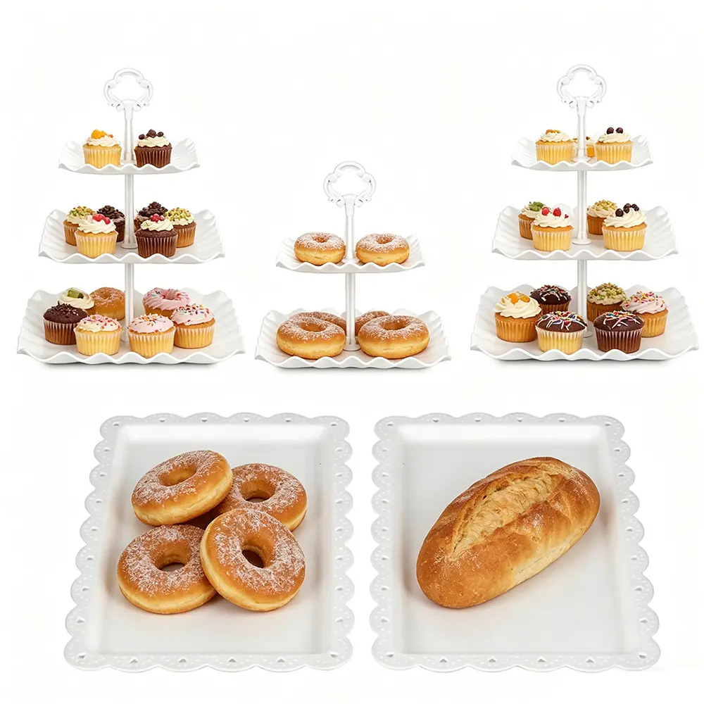 5-Piece Light Thick Plastic Dessert Table Display Set - 3 Cupcake Tier Towers & 2 Serving Trays for Birthday Cake Celebration, Party Use (Wave Square), Five Pieces