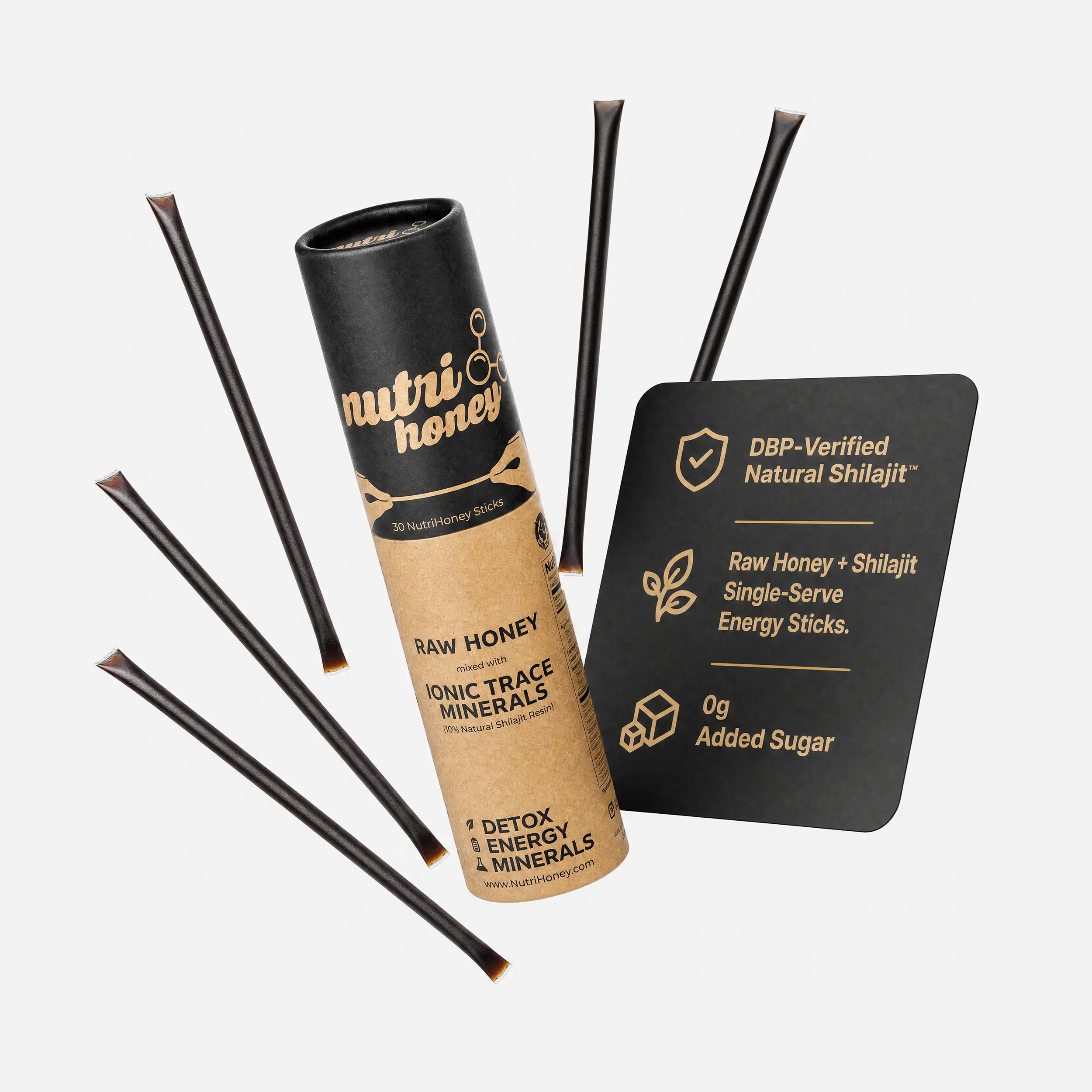 NutriHoney Shilajit + Honey Sticks - 100% Pure Organic Resin & Raw Honey - 30 Sticks - 18 Vitamins Minerals - Sweet Flavor - Energy Boost - Natural Detox Nutrient Honeycomb - Gold Grade Resin