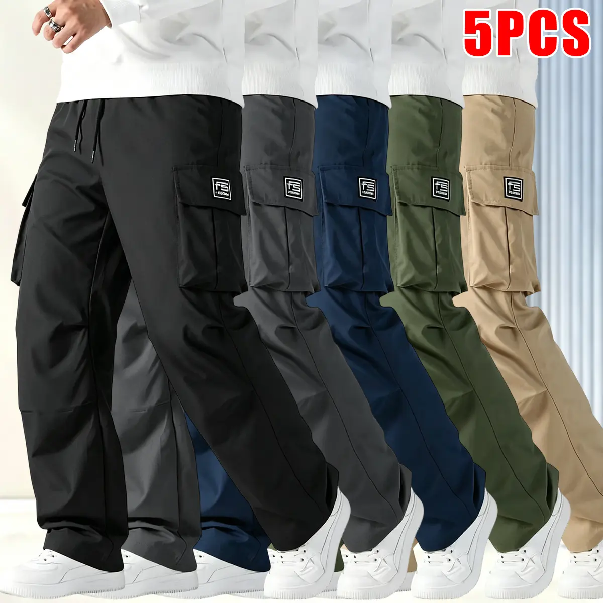 Men’s 5-piece cargo pants set with multiple pockets and drawstrings. Available in various colors, it’s an ideal choice for casual wear and outdoor sports.