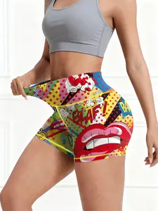 High-Waisted Stretchy Boxer Shorts, All-Season Casual Wear, Digital Graffiti Pattern Design, Perfect for Gym & Outdoor Activities, Stretch Knit Shorts