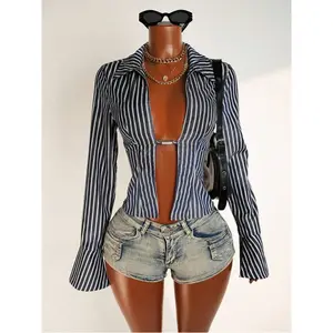 Women's striped collared long-sleeve shirt with slit design, sexy shirt