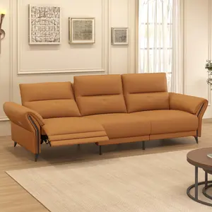 112.5" Dual Motor Power Reclining Sofa, Faux Leather 3-Seater with Adjustable Headrests, Plush Living Room Furniture with Sturdy Metal Legs, Tan