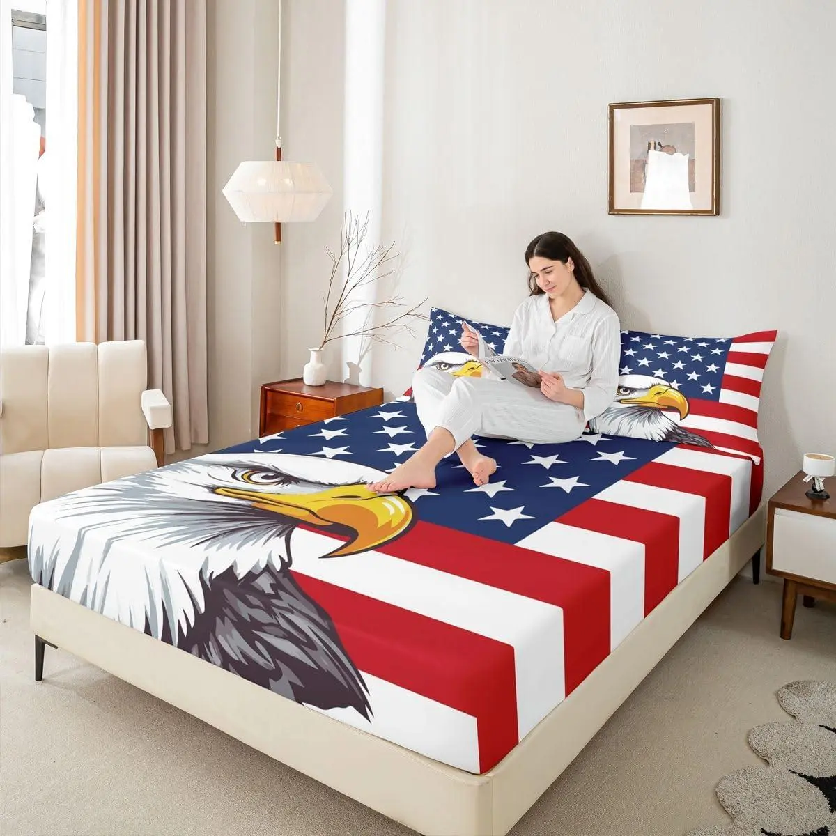 American Flag Bedding Set,Eagle Fitted Sheet for Kids Teens Adult,United States Bed Sheets Boys USA Federations Stars Stripe Bedding Decor Set,Blue Red and White
