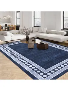 Blue-8*10 feet Contemporary Machine Washable Area Rug Modern Geometric Floor Cover Non Slip Stylish Bordered Accent Carpet Stain Resistant Low Pile Ultra Thin Pet Friendly Foldable Soft Indoor Mat For Kitchen Laundry Bedroom Living