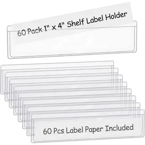 60 Pack 1.2" x 4.3" Self Adhesive Label Holders with 60 count Paper Label Inserts, Shelf Tag Label Holder Clear Pockets for Bookshelf Mailbox Shelves Storage Bins