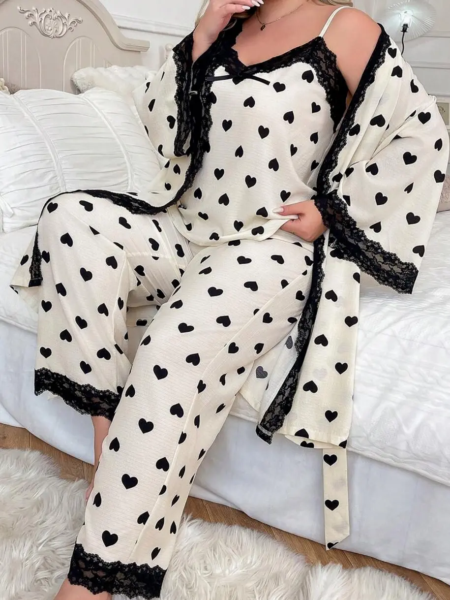 3-Piece Heart Print Cami Top, Long Pants, and Robe Set with Lace Patchwork