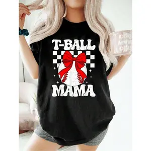 100% Cotton Groovy Tball Mom Softball T-Ball Mama Checkered Mothers Day T-Shirt Summer Tops Women