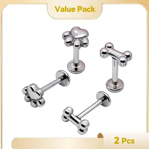 Dog Bone & Cat Paw Lip Ring Tongue Piercing Cartilage piercing - 2PCS Surgical Steel Cute Animal Lip Studs - Hypoallergenic Tongue Ring Piercing Jewelry for Men & Women, Trendy Gift Idea