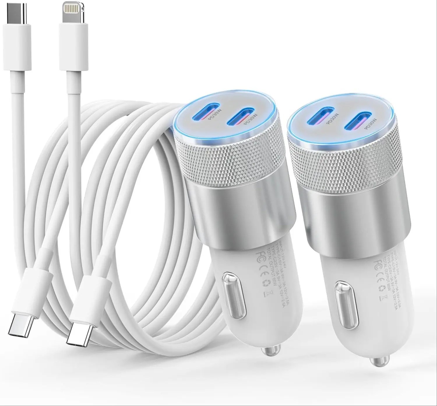 DIBMS 60W Fast Charging Car Charger, 2PCS 2-Port Cigarette Lighter Power Adapter with Type-C & Lightning Cables for iPhone 17/16/15/14/13 Pro Plus XS, Samsung & More