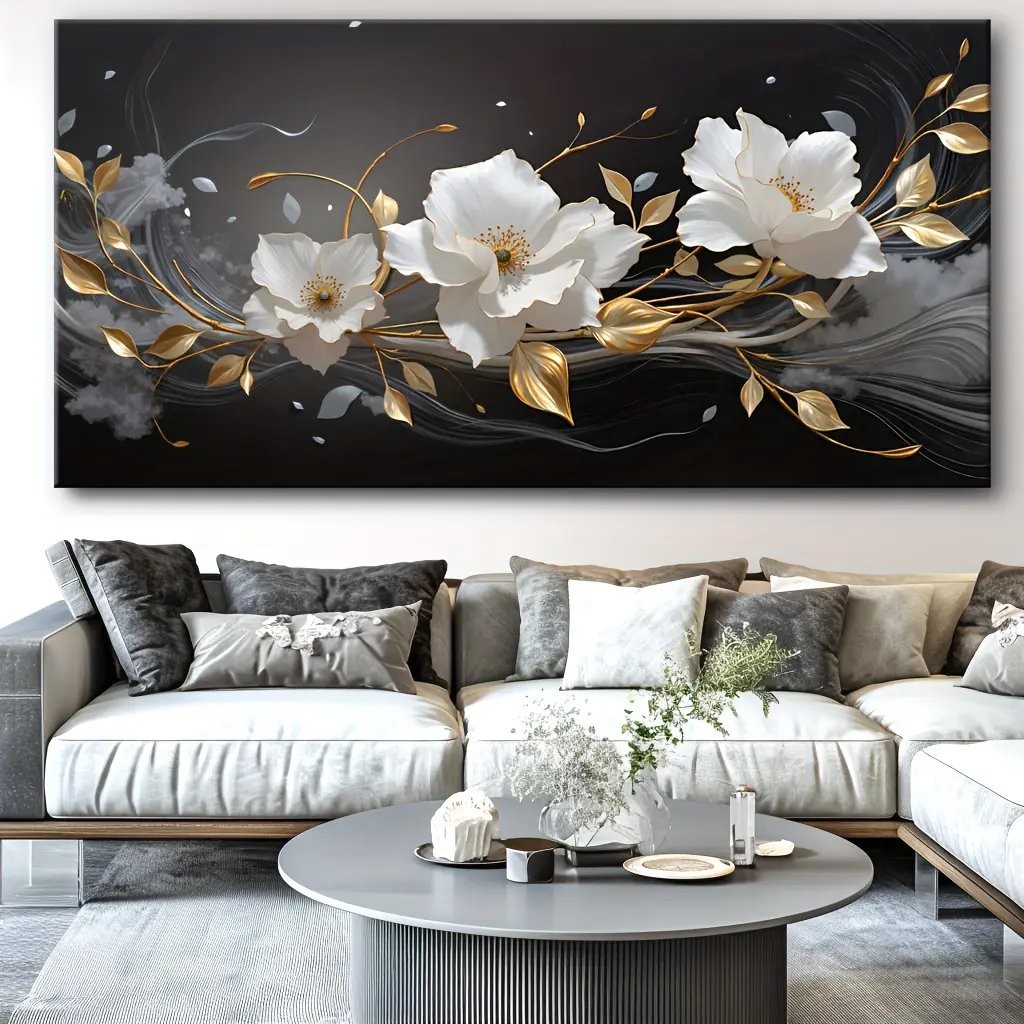 Large Framed Canvas Wall Art - White Florals, Gold Accents, Floral Abstract Design Modern Home Supplies Print for Living Room, Bedroom | Wood-Framed Horizontal Indoor Decor