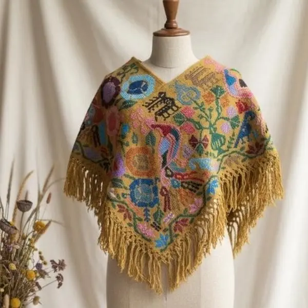 Handmade Poncho - Unique Hand Embroidered Design with Pedal Loom Weaving, Casual Coat Accessory - Jackets, Coats