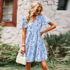 HarSum Women’s Floral Mini Dress V Neck Flowy Sundress Casual Summer Dress Elegant Boho Vacation Outfit Trendy Lightweight Dress for Women