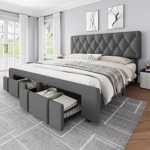 Gaomon Queen Bed Frame, Upholstered Queen-Size Platform Bed with 2 Storage Drawers, Solid Wood Slats, No Box Spring Needed, Noise-Free Grey